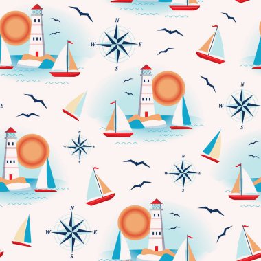 Deniz feneri ve yelkenli vektör deseni