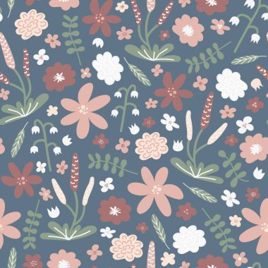 Bahar çiçekleri ve yapraklarıyla mavi çiçek deseni