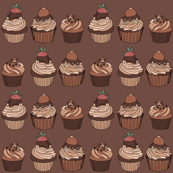 带有巧克力杯蛋糕的甜棕色病媒图案 — 图库矢量图片
