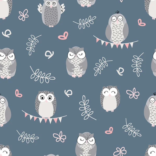 Dark blue vector pattern with cute owls and flags — Stock Vector