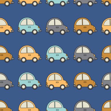 Mavi arka planda şirin arabaları olan vektör deseni