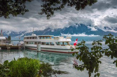 İsviçre 'nin deniz kıyısından Cenevre Gölü manzarası.
