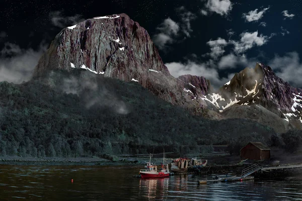 Norveç 'teki Lofoten Adaları' ndan feribot geçiyor.