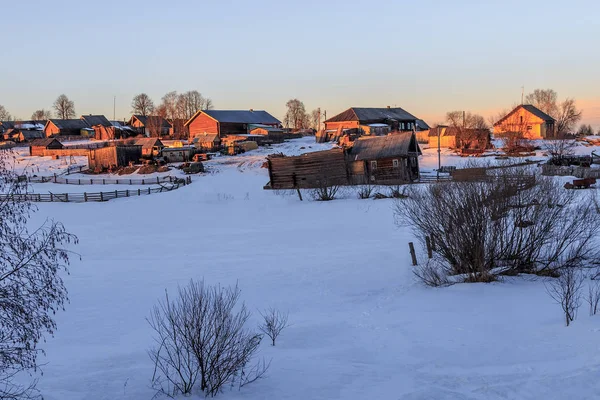 View Early Morning Northern Village Winter — Stockfoto