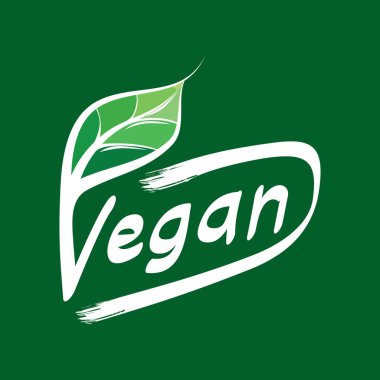 Vejetaryen Logosu, küçük harflerin üzerinde tek bir yeşil yaprak beyaz arka planda, basit bir tasvirle vejetaryen.