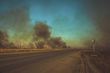 Yol boyunca yanan bozkır.