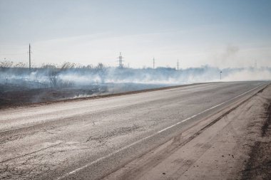 Yol boyunca yanan bozkır.