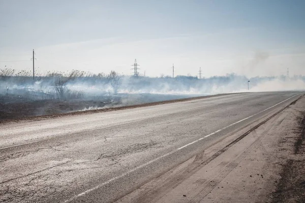 Yol boyunca yanan bozkır.