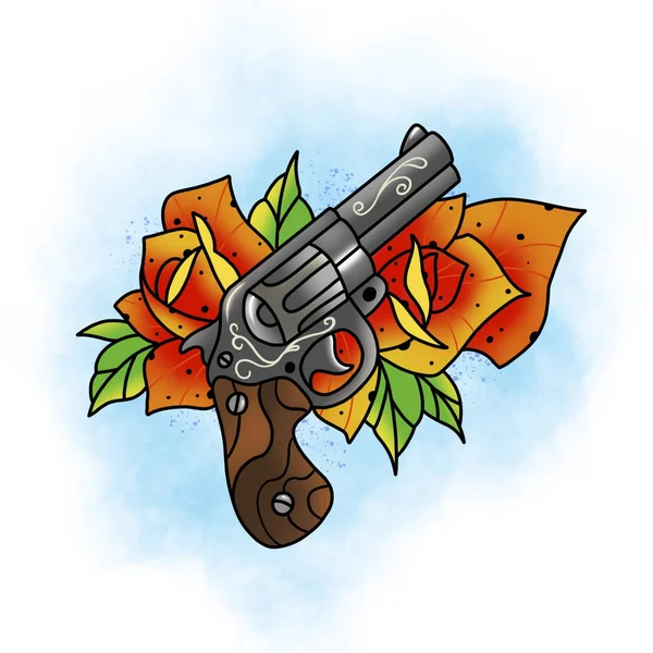 Tradycyjny tatuaż róża i budowa pistoletu. — Zdjęcie stockowe