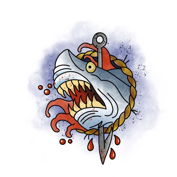 Stylized shark. Tattoo design.