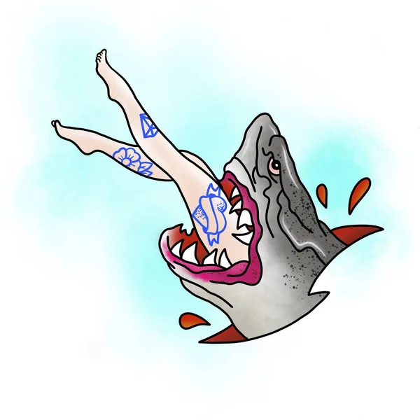 Stylized shark. Tattoo design.