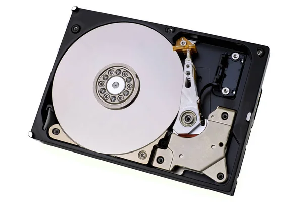 ハードディスクドライブは白い背景に隔離されています 保護カバーのないコンピュータのHddデータストレージは デバイス内の磁気ディスクと電子部品を表示します — ストック写真