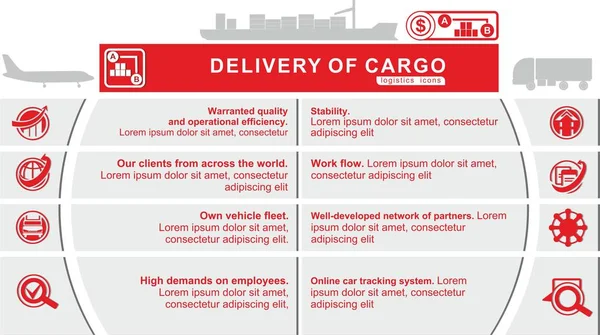 Red grey logistics icons. Delivery of cargo. Logistics template for text.