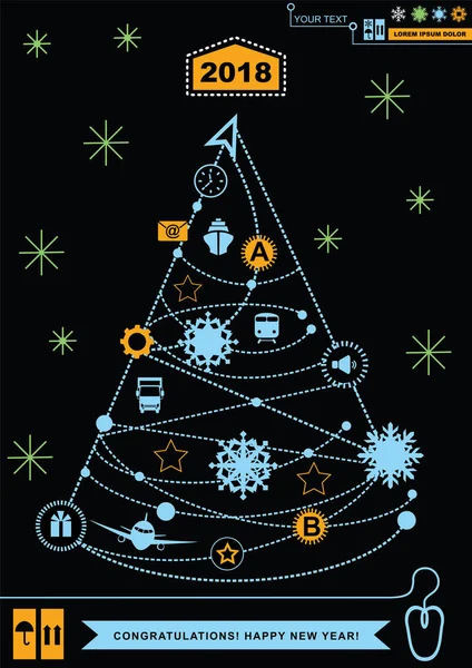 Pathway in the shape of christmas tree. Bright neon christmas logistics icons on the black background. Technology background. Icon of Santa Claus.