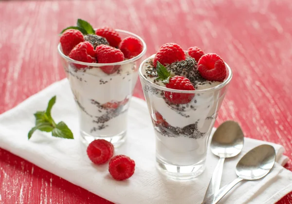 Йогурт с семенами чиа, грецкими орехами и малиной — стоковое фото