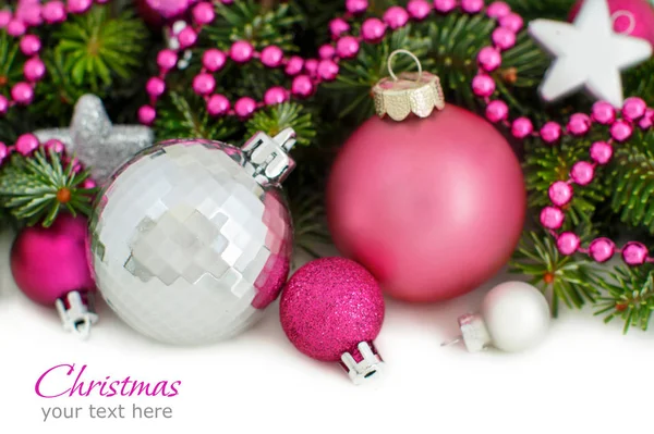 Pink and silver Christmas ornaments border — Stock Photo, Image