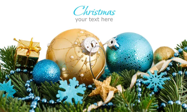 Turquoise and golden Christmas ornaments border — Stock Photo, Image