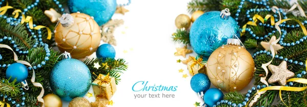 Turquesa e dourada ornamentos de Natal fronteira — Fotografia de Stock