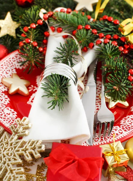 Red and golden festive table setting — Stock Photo, Image