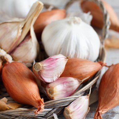 Organik sarımsak ve soğan ahşap tablo