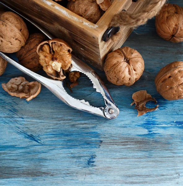 Färska valnötter på en blå träbord — Stockfoto