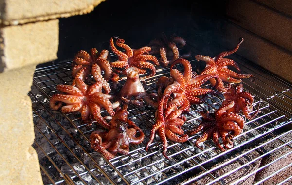 Gegrilde octopussen koken op een metalen grill close-up — Stockfoto