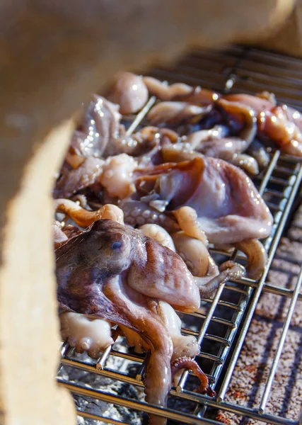 Gegrilde octopussen koken op een metalen grill close-up — Stockfoto