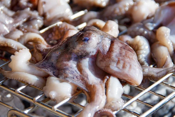 Grilled octopuses cooking on a metal grill close up — Stock Photo, Image