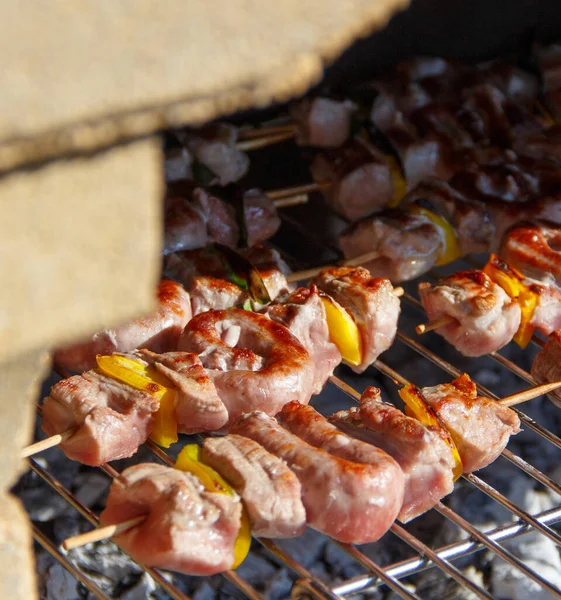 Vlees en worst spiesen koken op een grill — Stockfoto