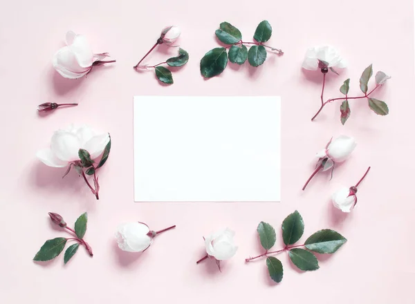 浅粉色背景的花朵和纸张 — 图库照片