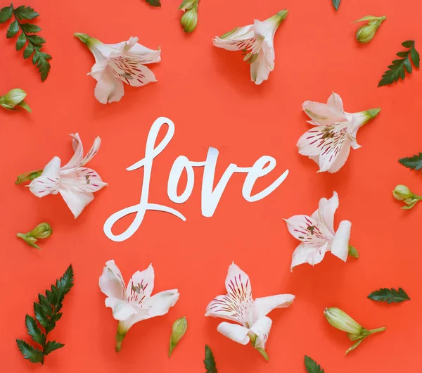 Blommor och ord Kärlek på en röd bakgrund — Stockfoto