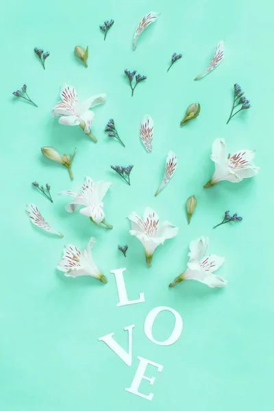 Flores y palabra Amor sobre un fondo verde claro — Foto de Stock