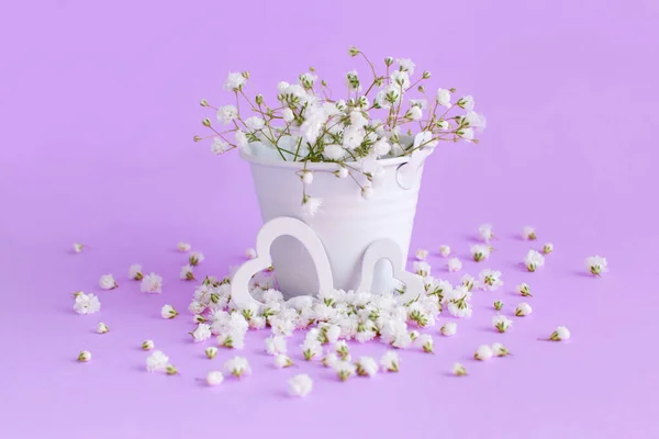 Małe białe kwiaty i serca na tle lawendy — Zdjęcie stockowe