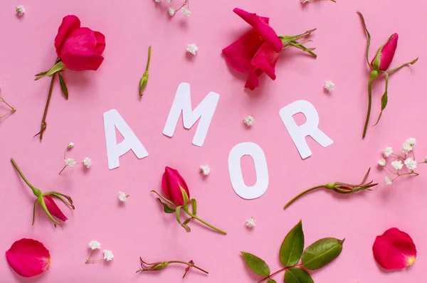 Rosas vermelhas e texto AMOR em um fundo rosa claro — Fotografia de Stock