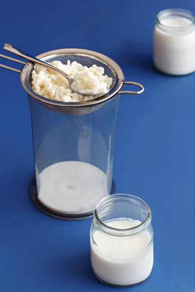 Kefir fermentato in piccole bottiglie e grani di kefir — Foto Stock