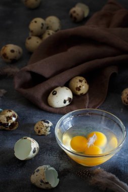 Quail eggs on a dark grey background 
