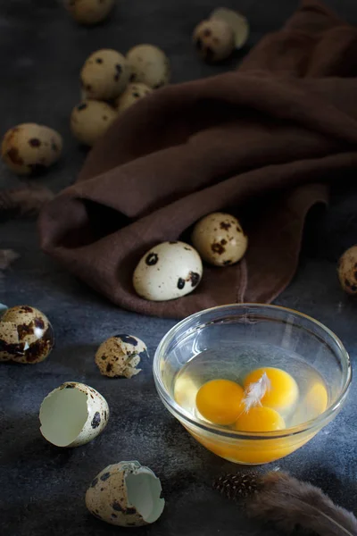 Huevos de codorniz sobre fondo gris oscuro — Foto de Stock