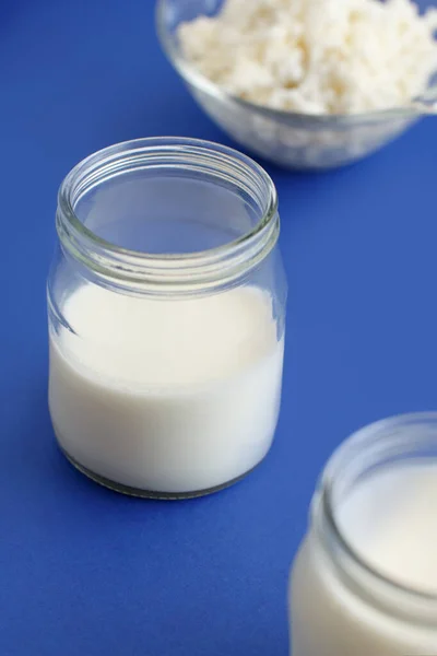 Gefermenteerde drank kefir in kleine flessen en Kefir korrels — Stockfoto