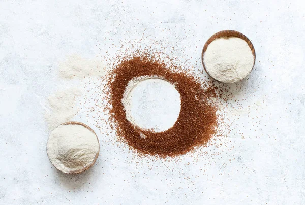 Αλεύρι Teff Μπολ Και Teff Grain Top View — Φωτογραφία Αρχείου