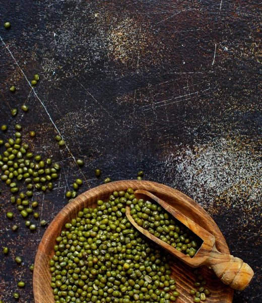 Dried Mung Beans Spoon Dark Background Top View — 스톡 사진