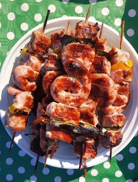 Skewers Van Gemengd Vlees Groenten Gekookt Een Barbecue Een Bord — Stockfoto