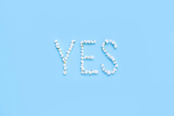 Word Yes Made White Flowers Light Blue Background Top View — Stock Photo, Image