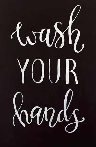 Chalk Inscription Wash Your Hands Black Chalkboard Handwritten Lettering — Stock Photo, Image