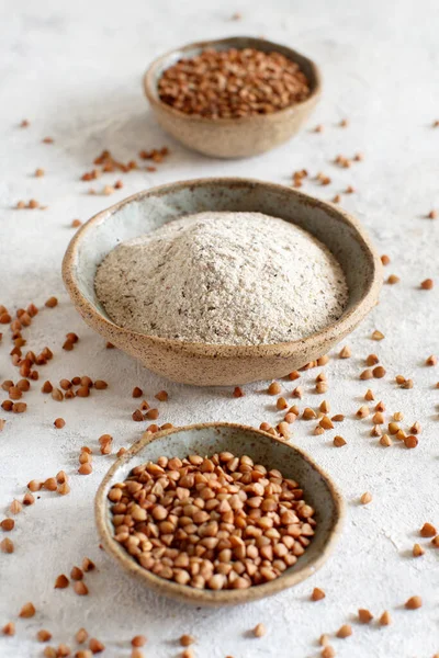 Buckwheat Flour Grain Ceramic Bowls Table Close — Stock Photo, Image