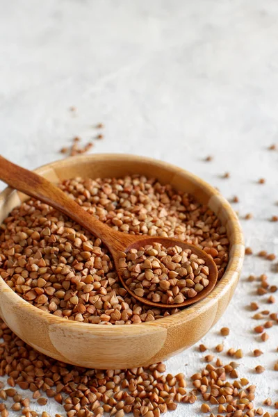 Raw Dry Buckwheat Grain Bowl Spoon Close — Stock Photo, Image