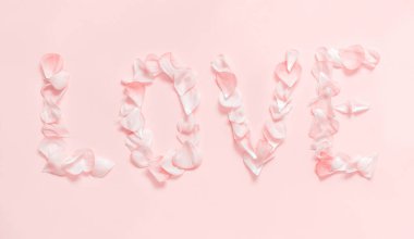 Açık pembe arkaplan görünümlü pembe yapraklardan oluşan v metni