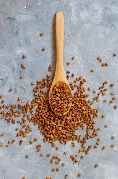 Raw Dry Buckwheat Grain Spoon Top View — Stock Photo, Image