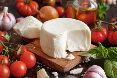 Sebzeli, otlu ve zeytinyağlı Güney İtalyan peyniri. Güney İtalya gıda konsepti