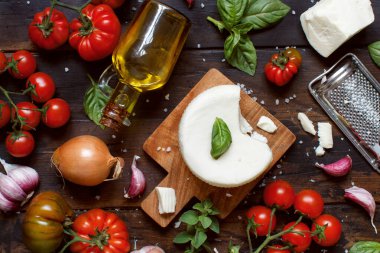 Sebzeli, otlu ve zeytinyağı manzaralı Güney İtalyan peyniri. Güney İtalya gıda konsepti