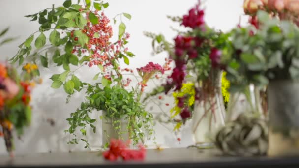 Florist prepares a bouquet of flowers for sale to customers — Stock Video